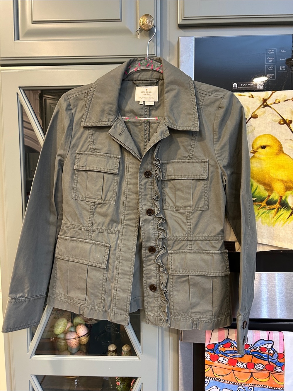 kate spade Olive Gray Utility Jacket with Ruffle Trim XS
